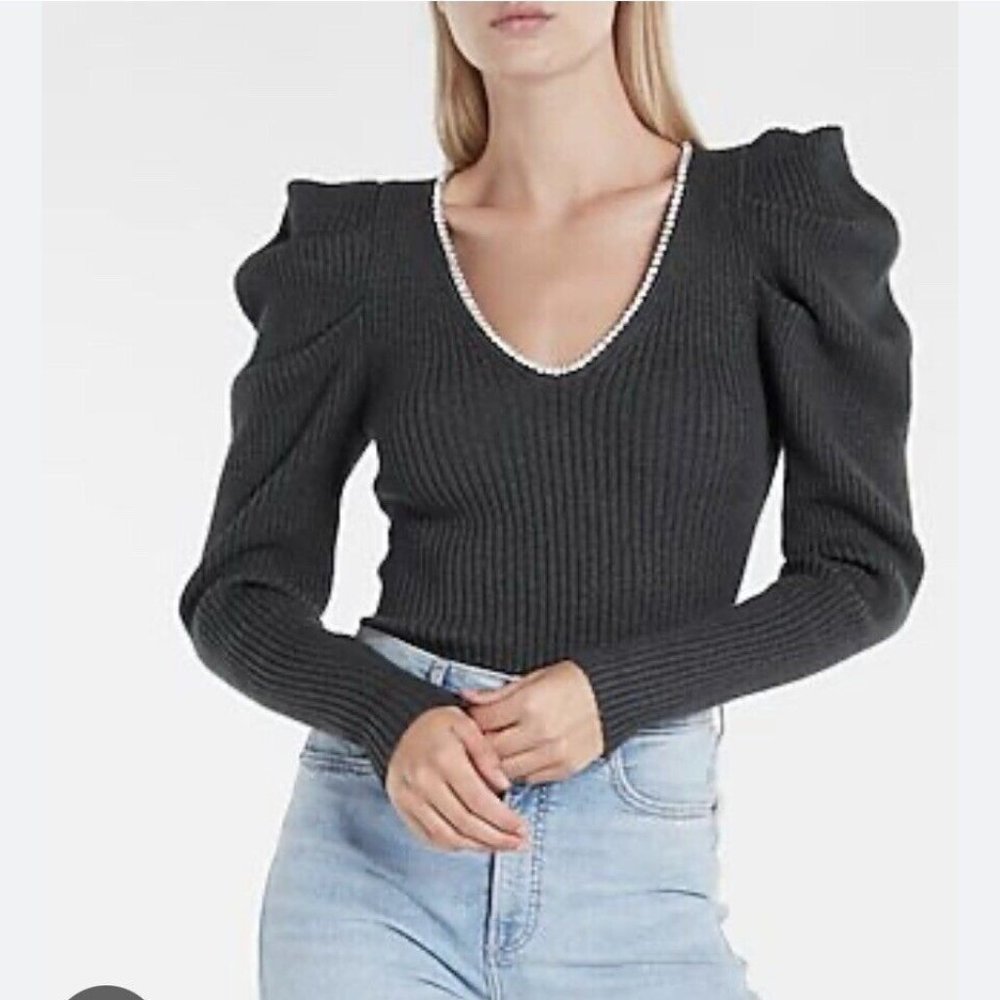 NWT Express Embellished Rhinestones V-Neck Puff Gray Sleeve Cocktail Sweater S